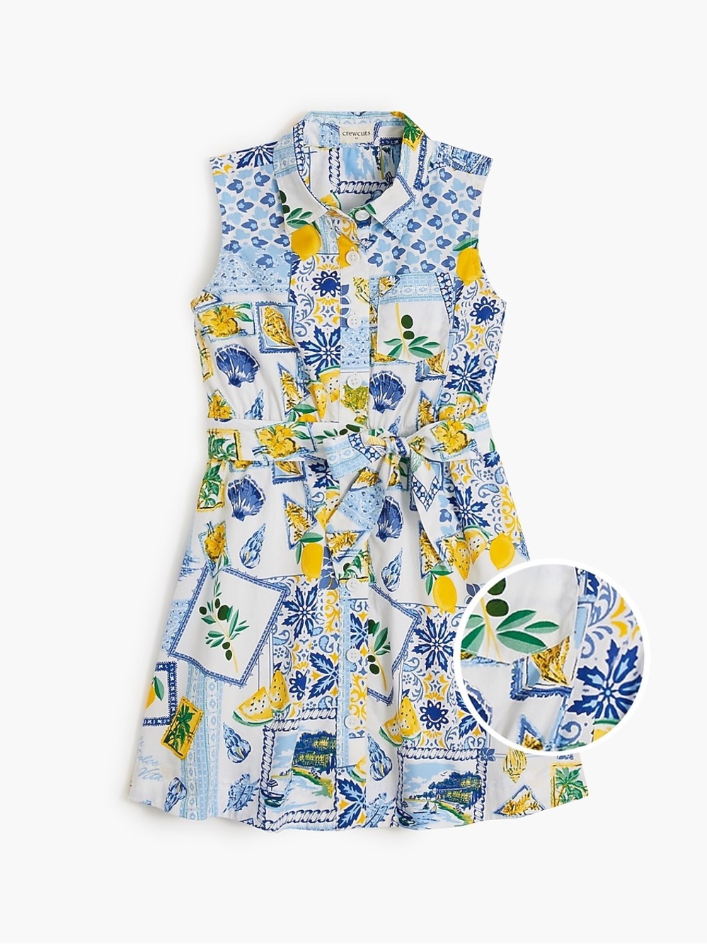 J. Crew Crewcuts Girls’ Tie-Waist Shirt-Dress White Brilliant Ocean